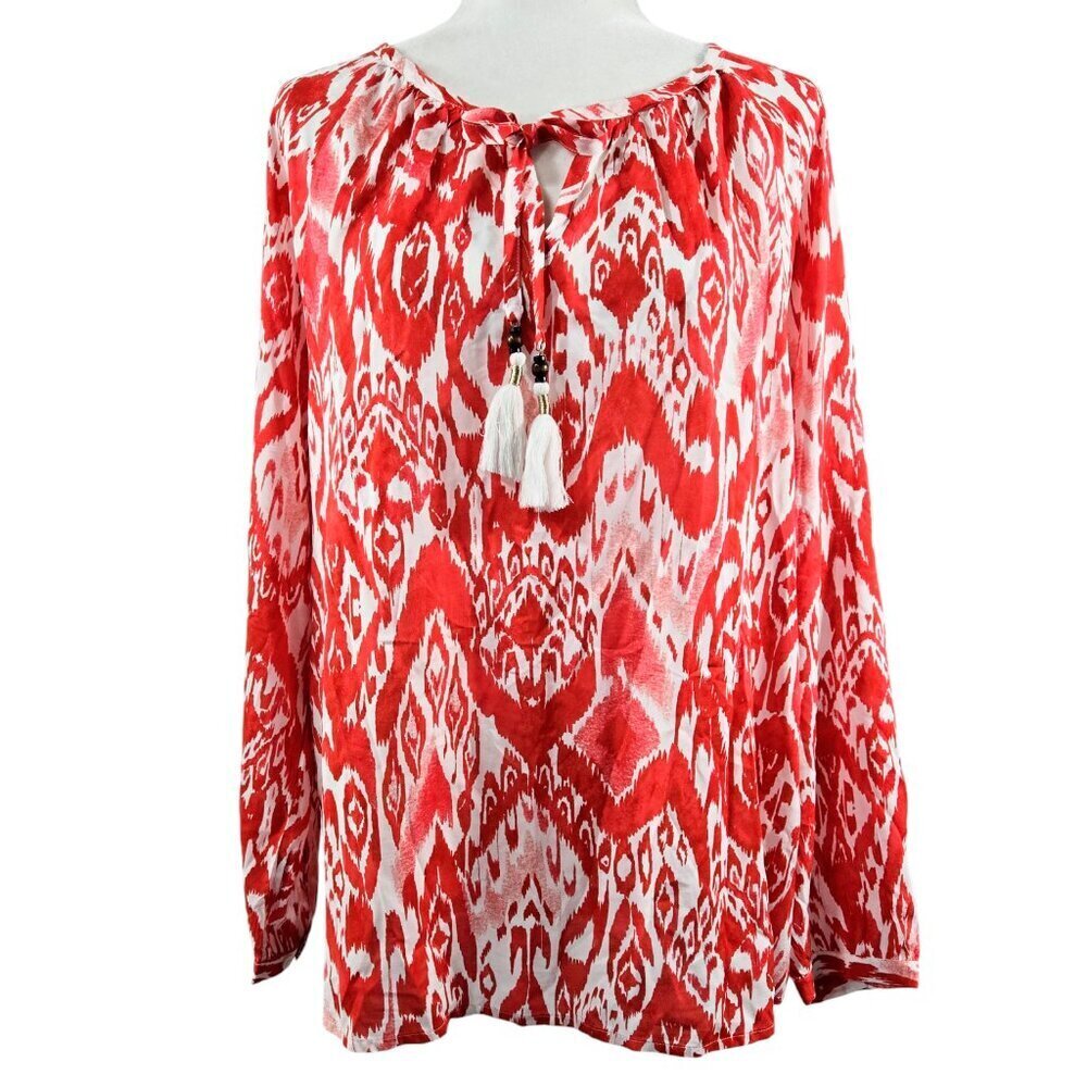 Chico's Red White Ikat Tie Neck Tassel Top Flame Scarlet Boho Colorful Exotic